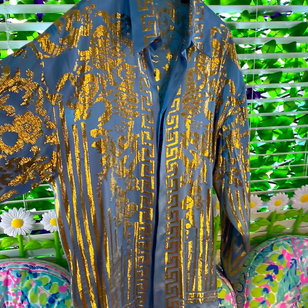 Ceta Italiana light blue silk and gold metallic dress shirt